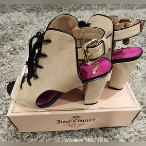 Juicy Couture Beige Lace-Up Heels with Gold Accents